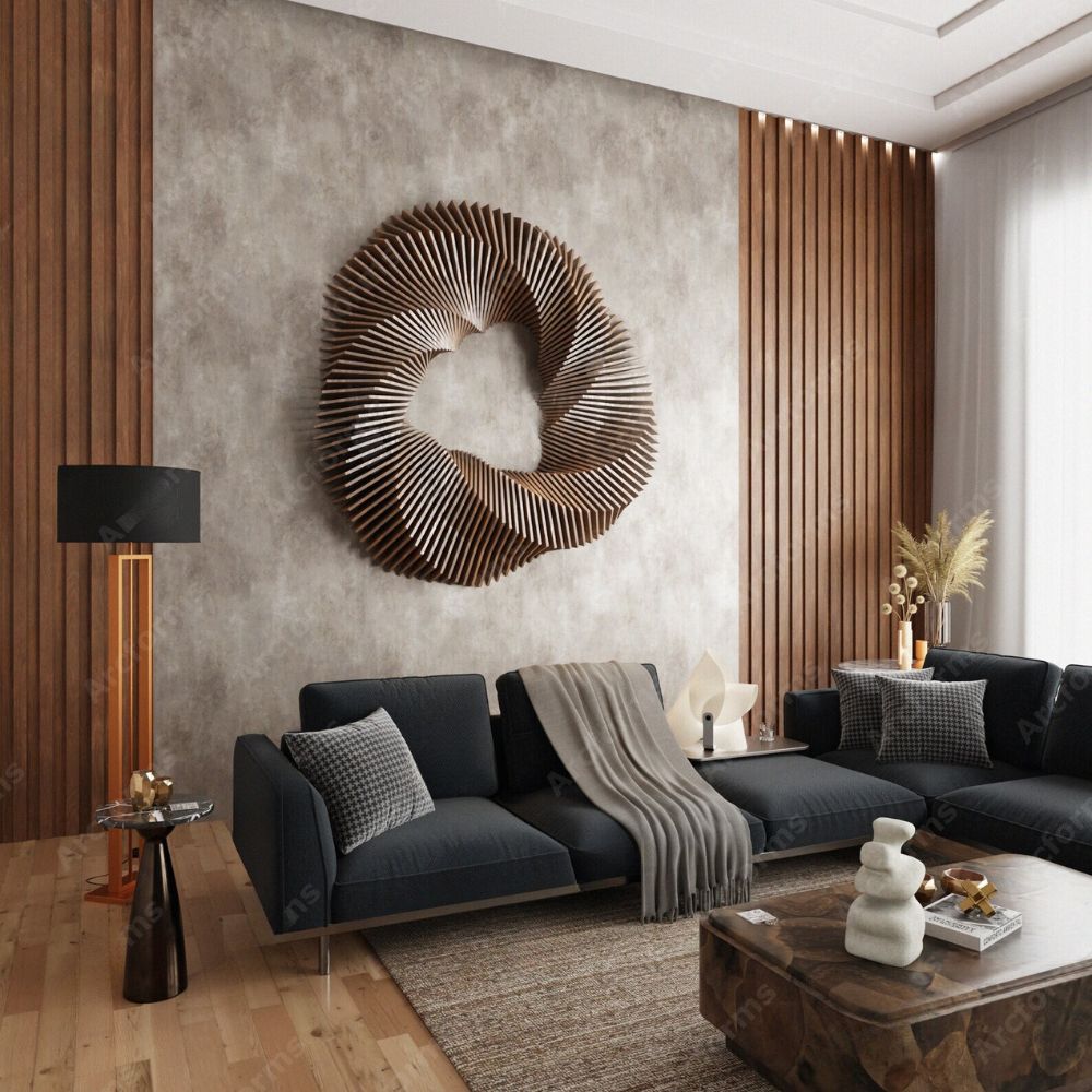 Arte de parede radial em madeira MDF, projectada com um design moderno.