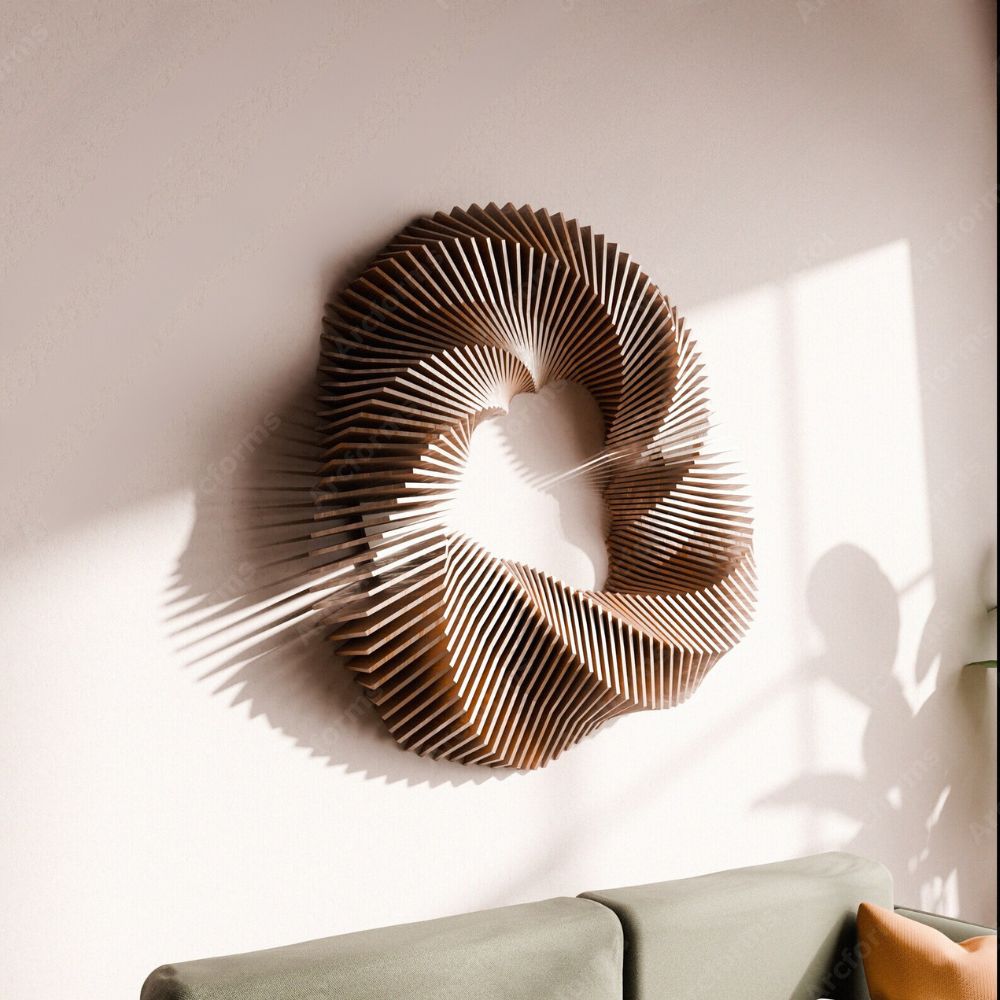 Arte de parede radial em madeira MDF, projectada com um design moderno.