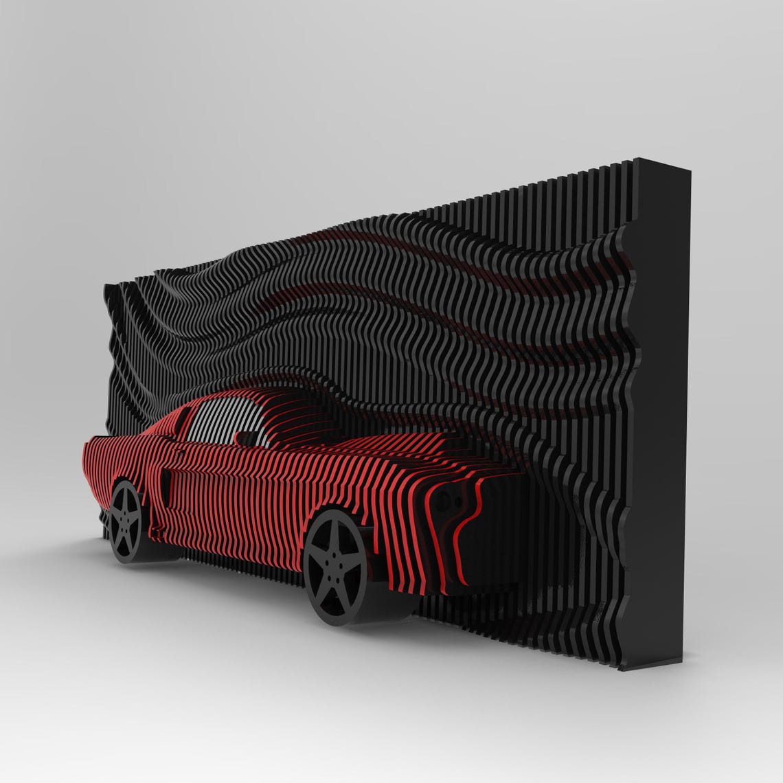 Os nossos painéis decorativos em madeira, são uma verdadeira obra de arte paramétrica, desenhada para captar a essência da velocidade, da elegância e da paixão pelo universo automotivo