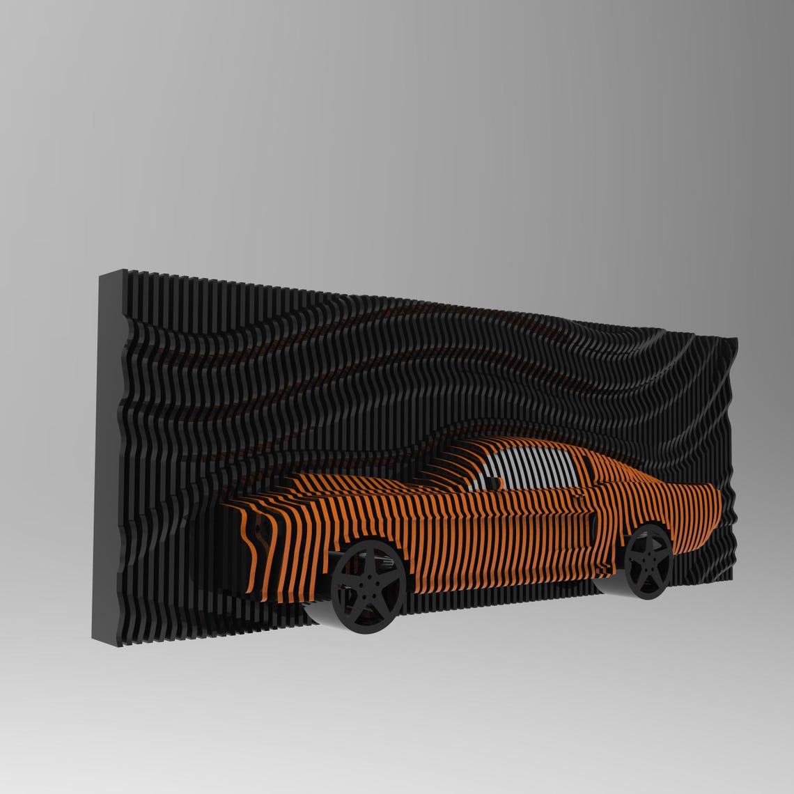 Os nossos painéis decorativos em madeira, são uma verdadeira obra de arte paramétrica, desenhada para captar a essência da velocidade, da elegância e da paixão pelo universo automotivo