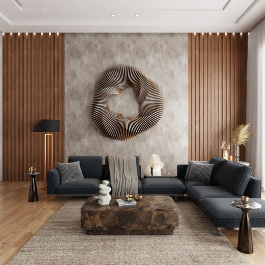 Arte de parede radial em madeira MDF, projectada com um design moderno.