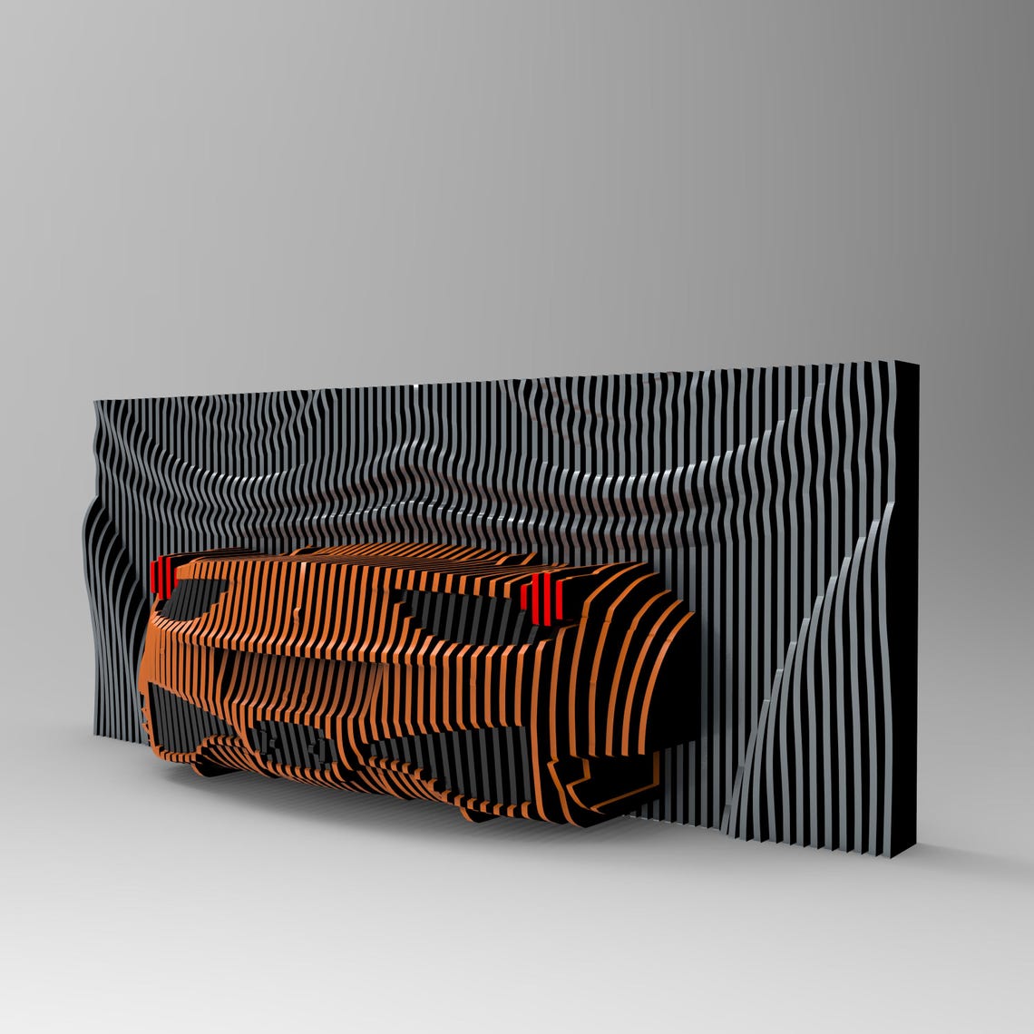 Os nossos painéis decorativos em madeira, são uma verdadeira obra de arte paramétrica, desenhada para captar a essência da velocidade, da elegância e da paixão pelo universo automotivo